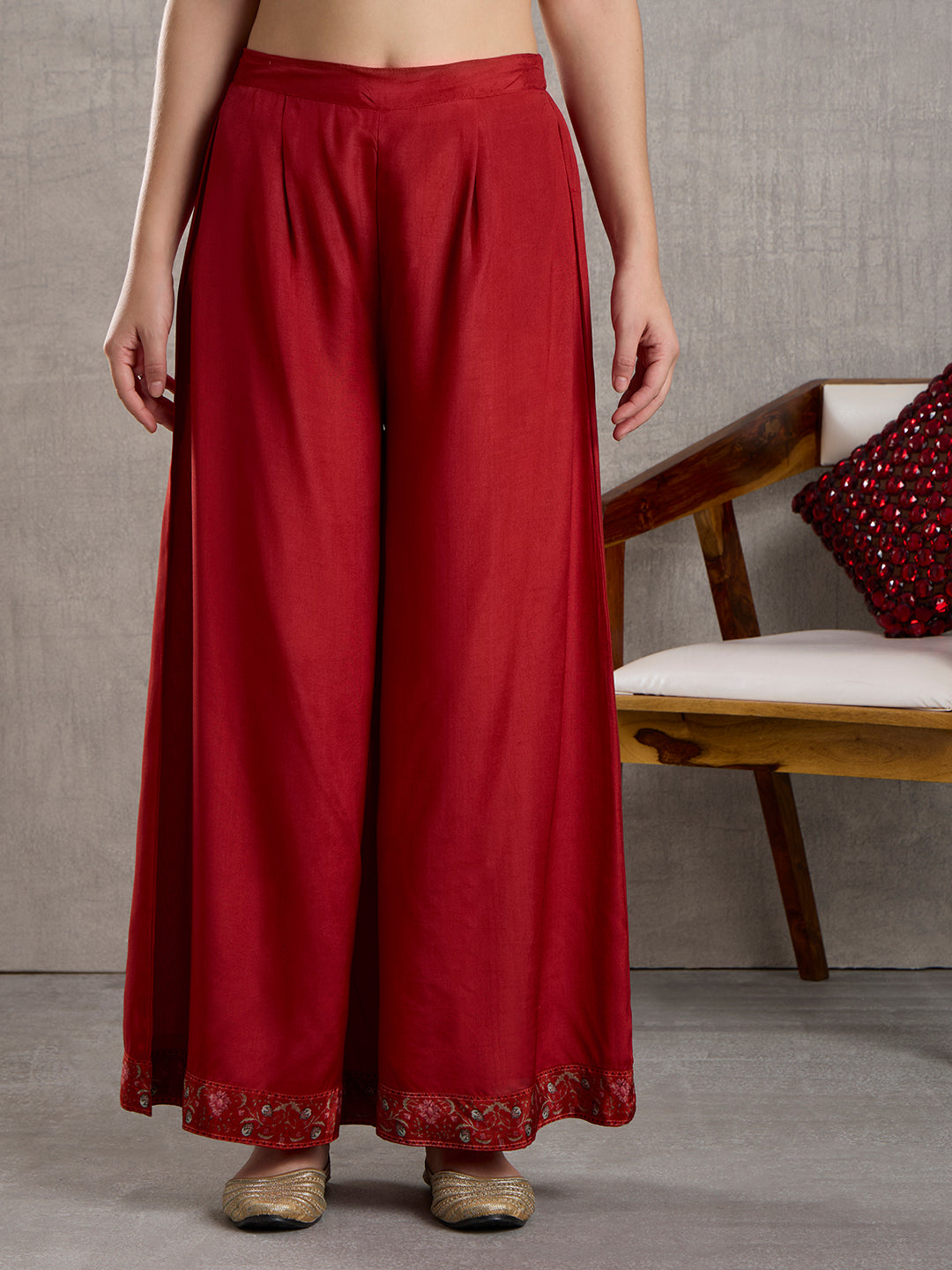 Ethnic Floral Printed Embroidered Kurta with Palazzo and Dupatta - Red