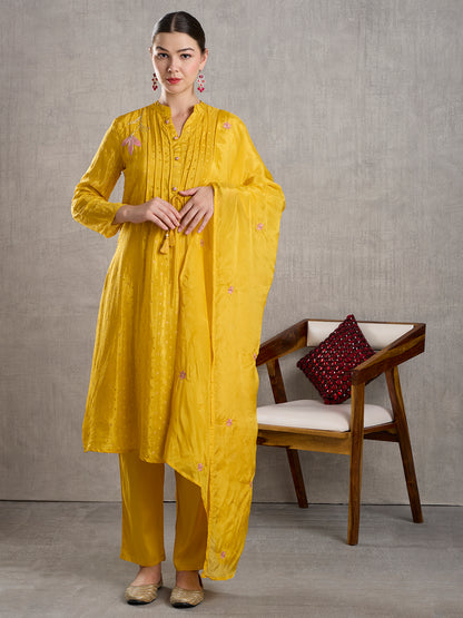 Solid Floral Embroidered Jacquard Kurta with Pant & Dupatta - Yellow