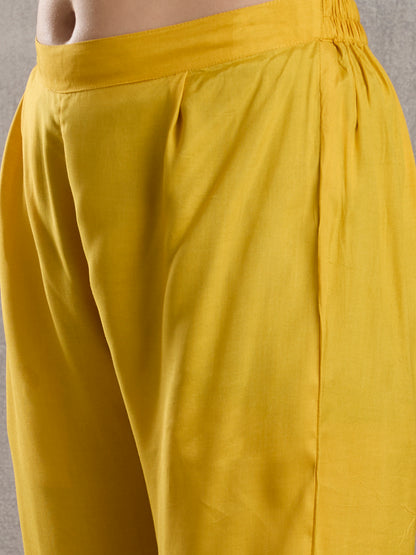 Solid Floral Embroidered Jacquard Kurta with Pant & Dupatta - Yellow