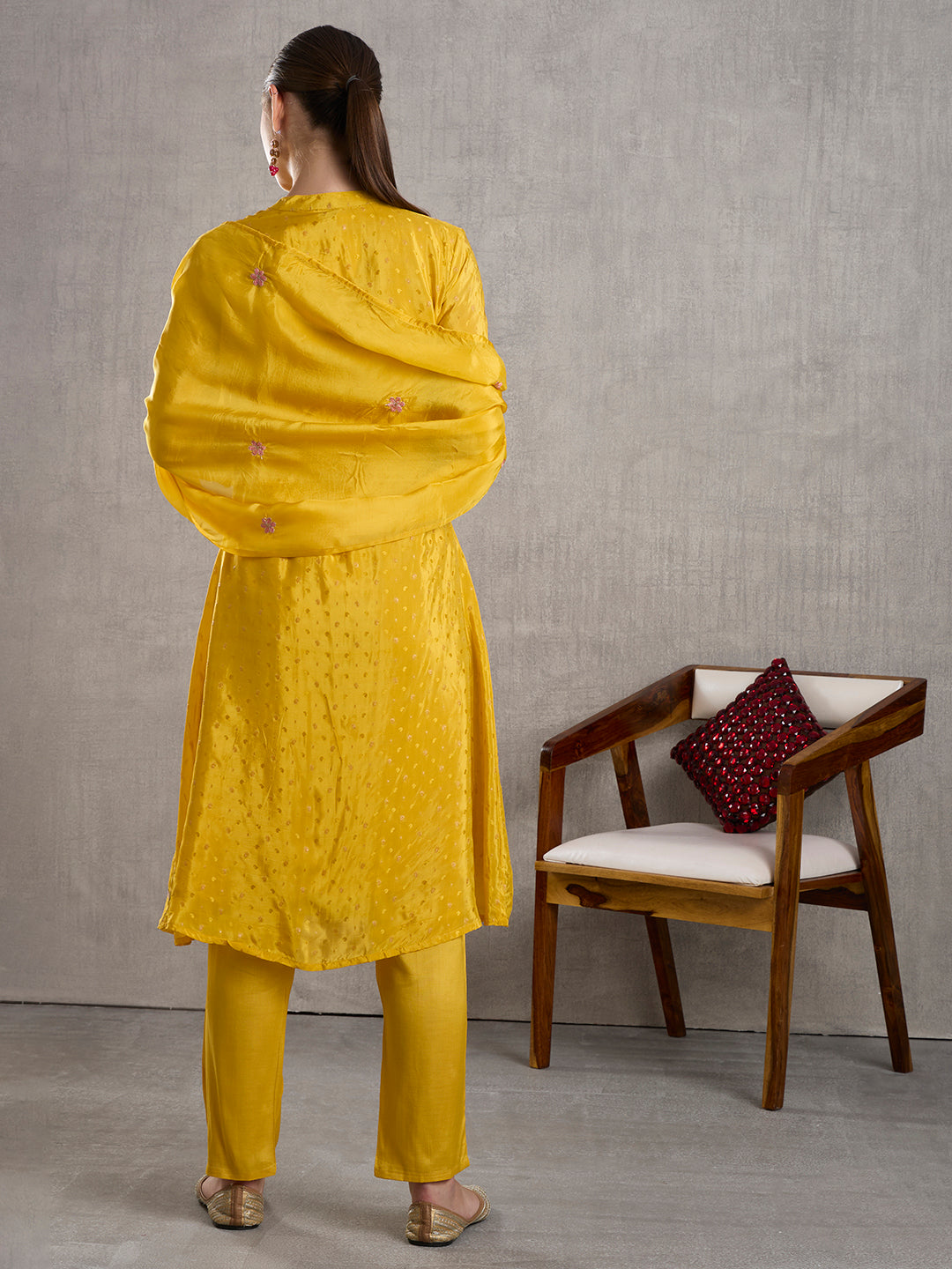 Solid Floral Embroidered Jacquard Kurta with Pant & Dupatta - Yellow