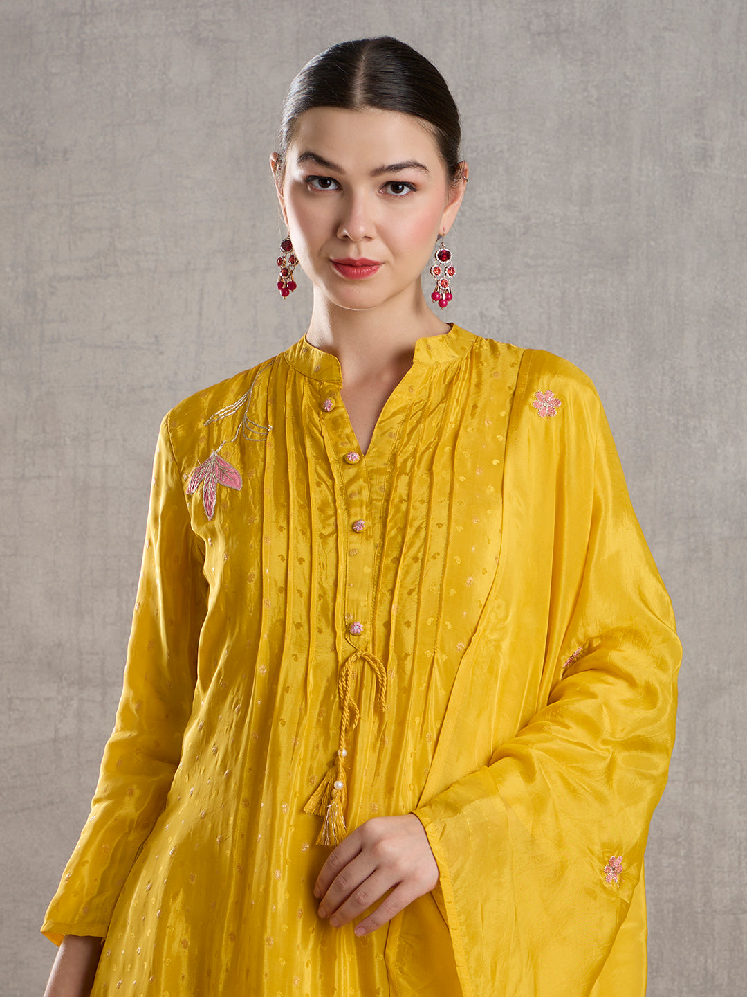 Solid Floral Embroidered Jacquard Kurta with Pant & Dupatta - Yellow