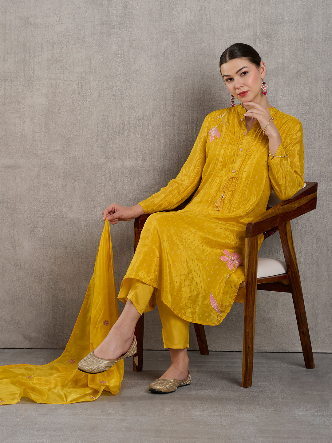 Solid Floral Embroidered Jacquard Kurta with Pant & Dupatta - Yellow