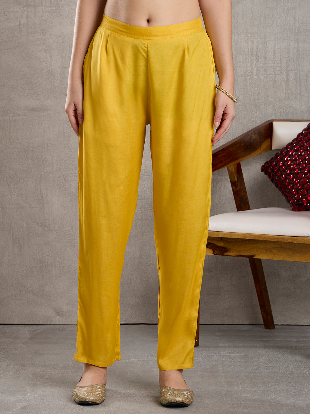 Solid Floral Embroidered Jacquard Kurta with Pant & Dupatta - Yellow