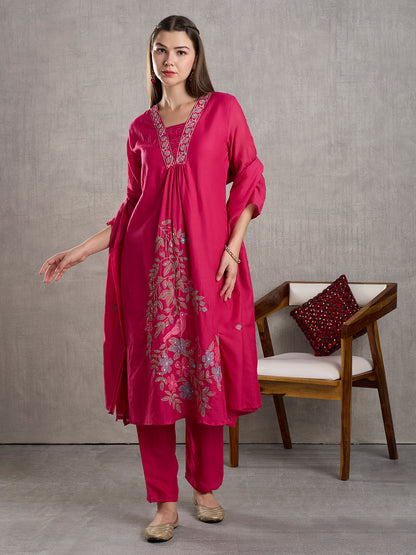 Solid Floral Embroidered A-Line Kurta with Pant & Dupatta - Pink