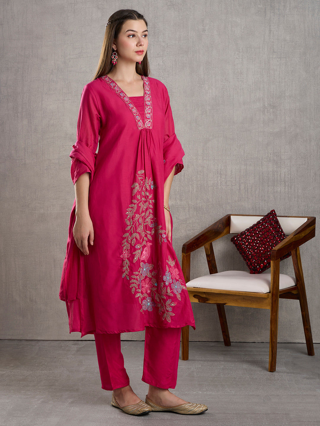 Solid Floral Embroidered A-Line Kurta with Pant & Dupatta - Pink