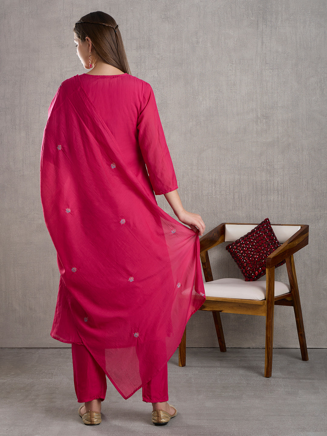 Solid Floral Embroidered A-Line Kurta with Pant & Dupatta - Pink