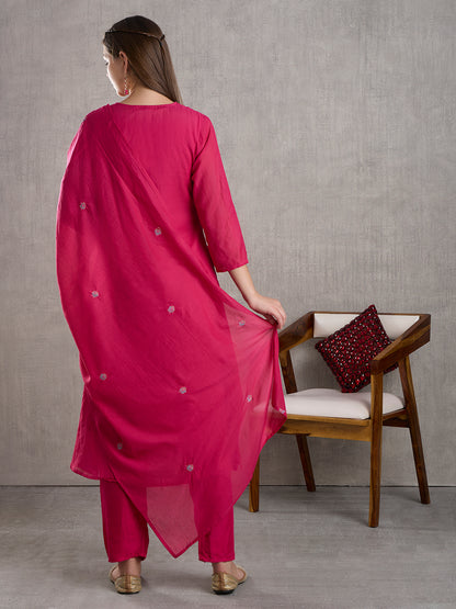 Solid Floral Embroidered A-Line Kurta with Pant & Dupatta - Pink