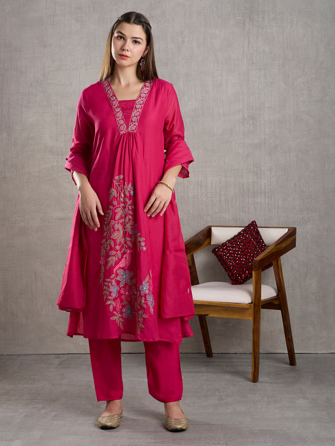 Solid Floral Embroidered A-Line Kurta with Pant & Dupatta - Pink