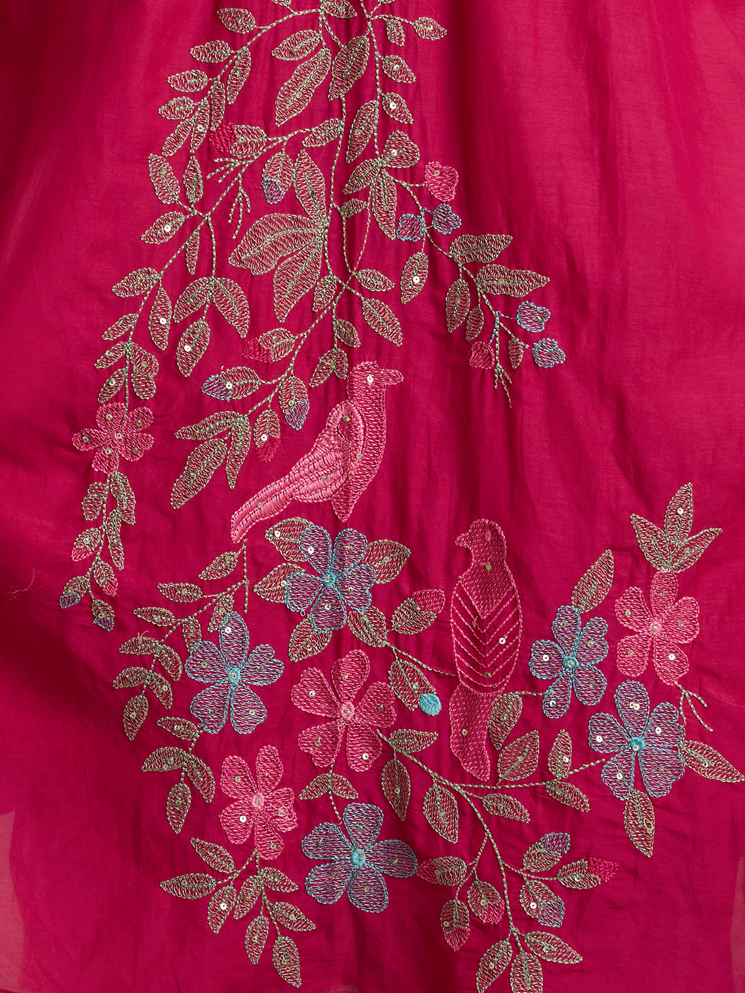 Solid Floral Embroidered A-Line Kurta with Pant & Dupatta - Pink
