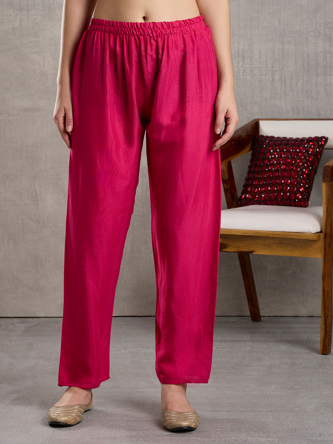 Solid Floral Embroidered A-Line Kurta with Pant & Dupatta - Pink