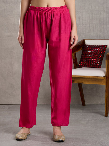 Solid Floral Embroidered A-Line Kurta with Pant & Dupatta - Pink