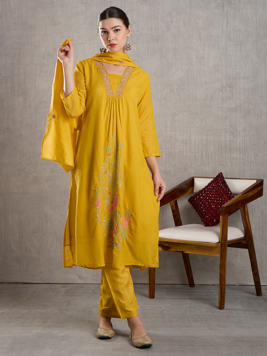 Solid Floral Embroidered A-Line Kurta with Pant & Dupatta - Yellow