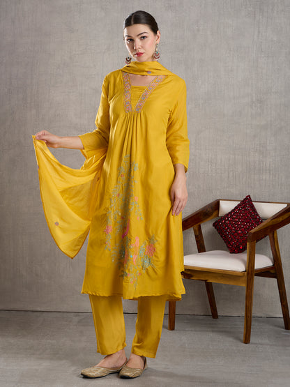Solid Floral Embroidered A-Line Kurta with Pant & Dupatta - Yellow