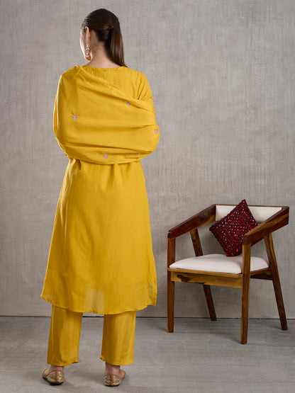 Solid Floral Embroidered A-Line Kurta with Pant & Dupatta - Yellow