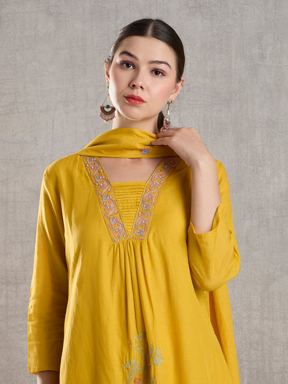 Solid Floral Embroidered A-Line Kurta with Pant & Dupatta - Yellow