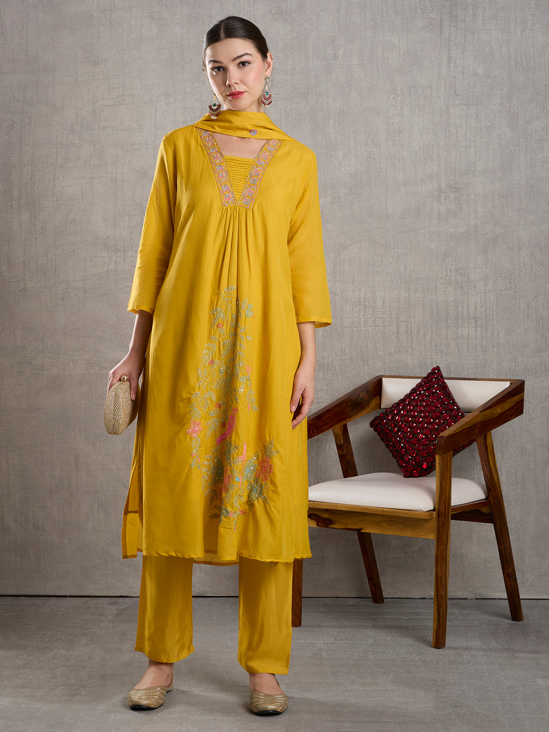 Solid Floral Embroidered A-Line Kurta with Pant & Dupatta - Yellow