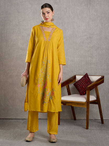 Solid Floral Embroidered A-Line Kurta with Pant & Dupatta - Yellow