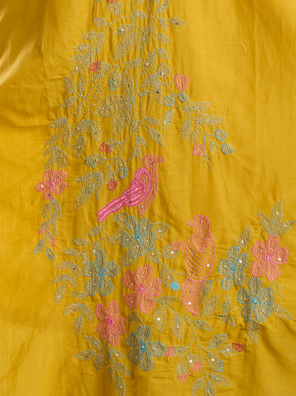 Solid Floral Embroidered A-Line Kurta with Pant & Dupatta - Yellow