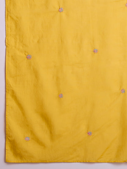 Solid Floral Embroidered A-Line Kurta with Pant & Dupatta - Yellow