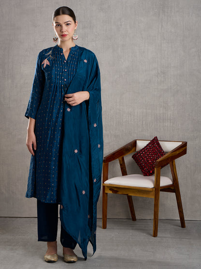 Solid Floral Embroidered Jacquard Kurta with Pant & Dupatta - Navy Blue