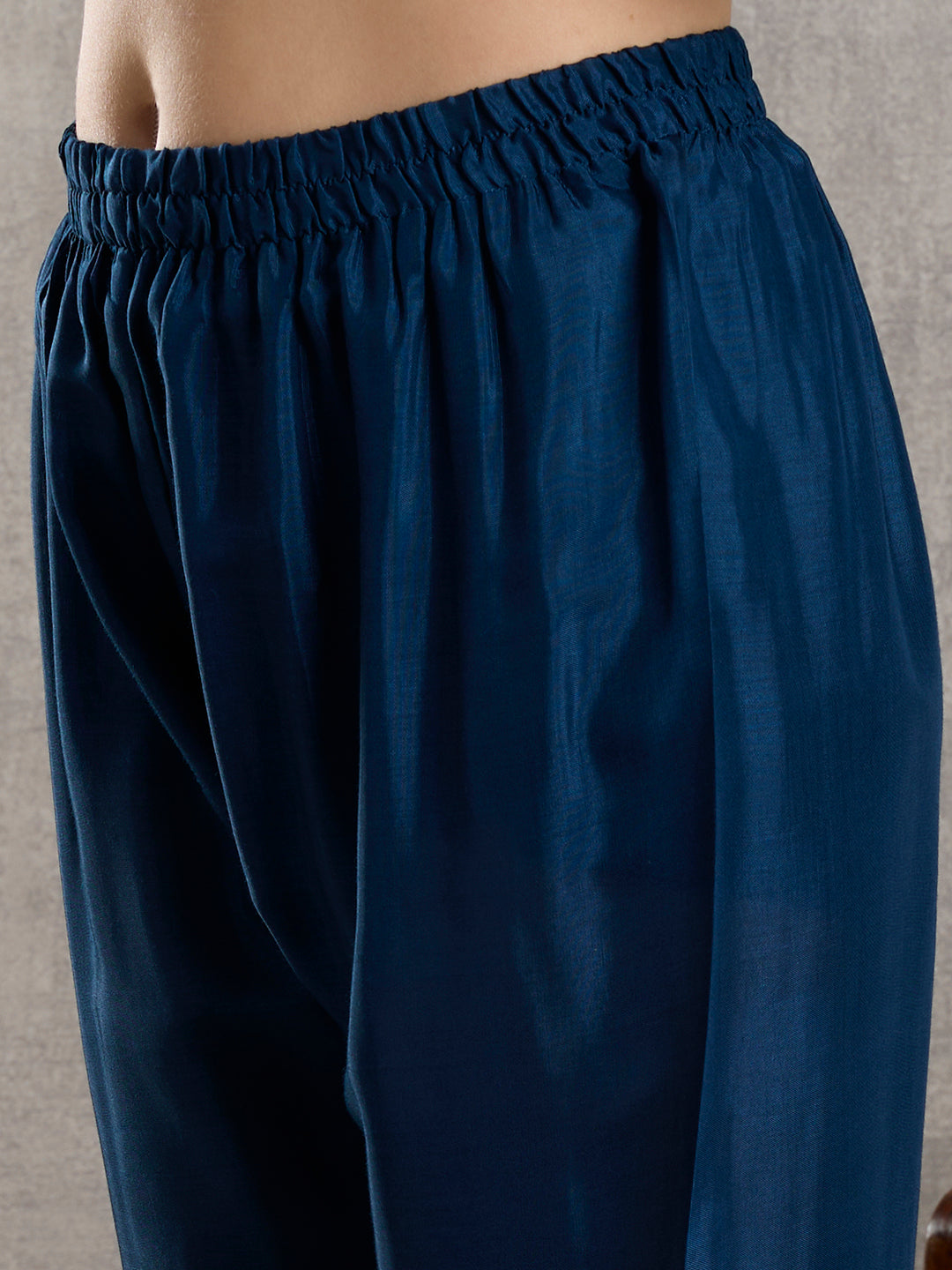 Solid Floral Embroidered Jacquard Kurta with Pant & Dupatta - Navy Blue