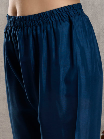 Solid Floral Embroidered Jacquard Kurta with Pant & Dupatta - Navy Blue