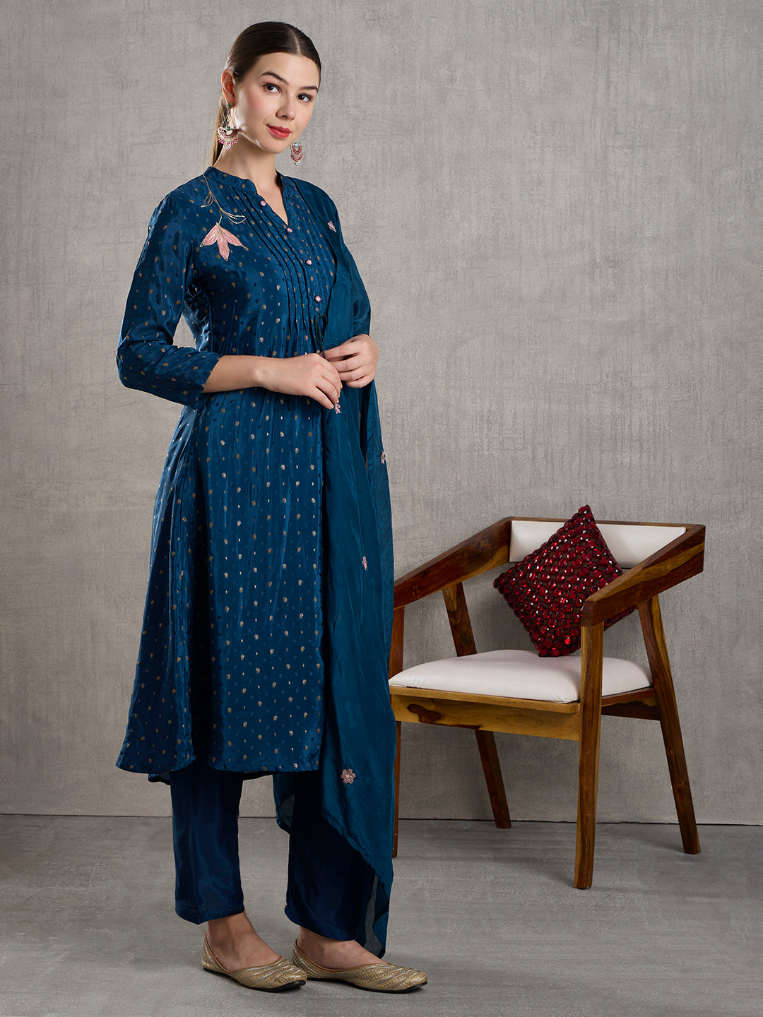 Solid Floral Embroidered Jacquard Kurta with Pant & Dupatta - Navy Blue