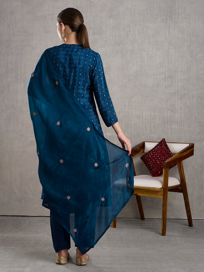 Solid Floral Embroidered Jacquard Kurta with Pant & Dupatta - Navy Blue