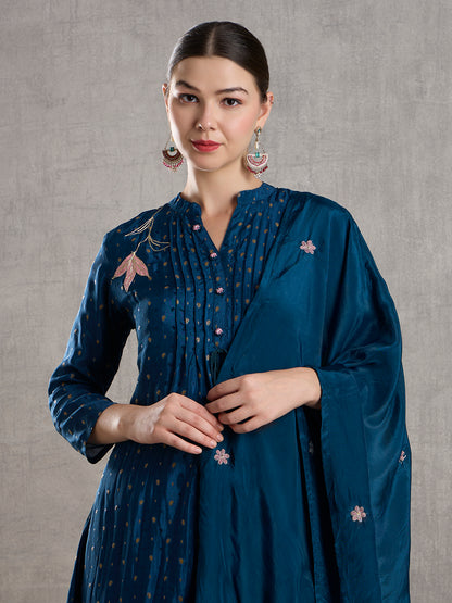 Solid Floral Embroidered Jacquard Kurta with Pant & Dupatta - Navy Blue