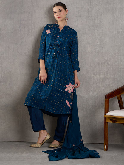 Solid Floral Embroidered Jacquard Kurta with Pant & Dupatta - Navy Blue