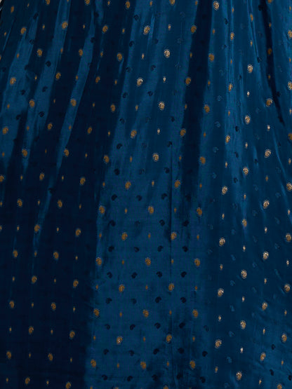 Solid Floral Embroidered Jacquard Kurta with Pant & Dupatta - Navy Blue