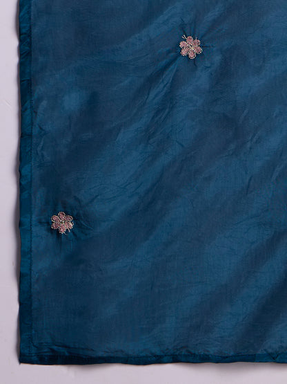 Solid Floral Embroidered Jacquard Kurta with Pant & Dupatta - Navy Blue