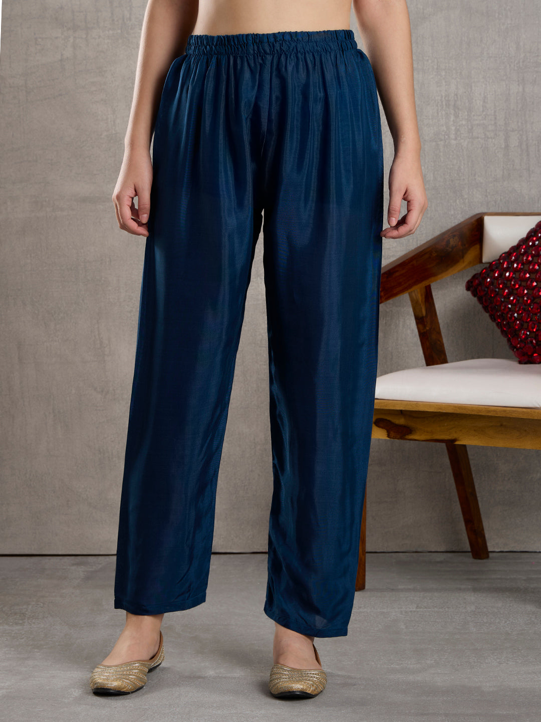 Solid Floral Embroidered Jacquard Kurta with Pant & Dupatta - Navy Blue