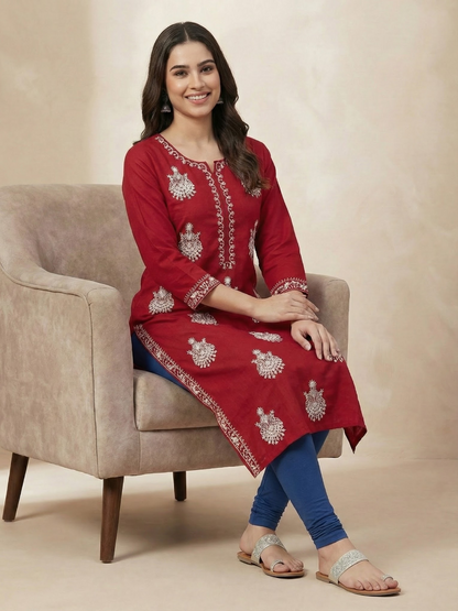 Solid Floral Chikankari Embroidered Straight Fit Kurta - Red