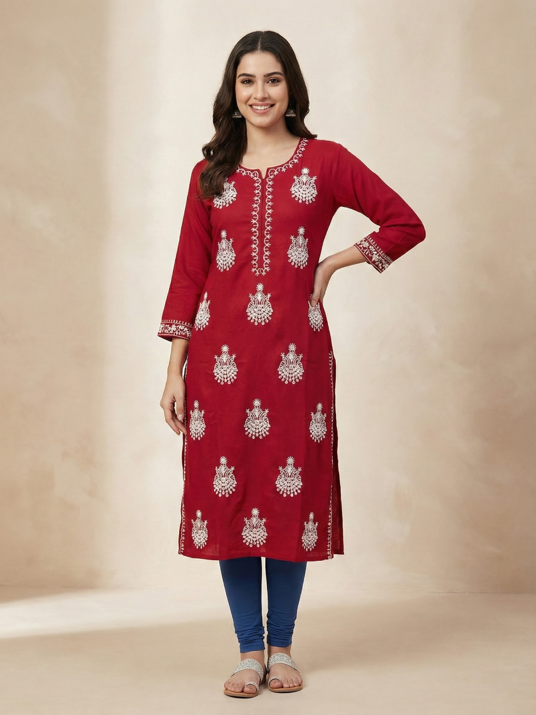 Solid Floral Chikankari Embroidered Straight Fit Kurta - Red
