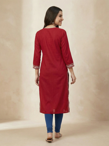 Solid Floral Chikankari Embroidered Straight Fit Kurta - Red