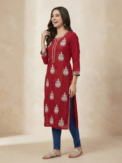 Solid Floral Chikankari Embroidered Straight Fit Kurta - Red