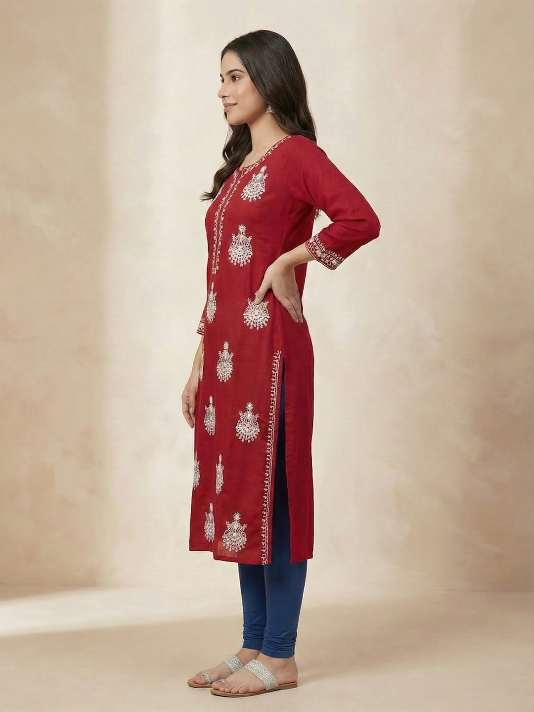 Solid Floral Chikankari Embroidered Straight Fit Kurta - Red
