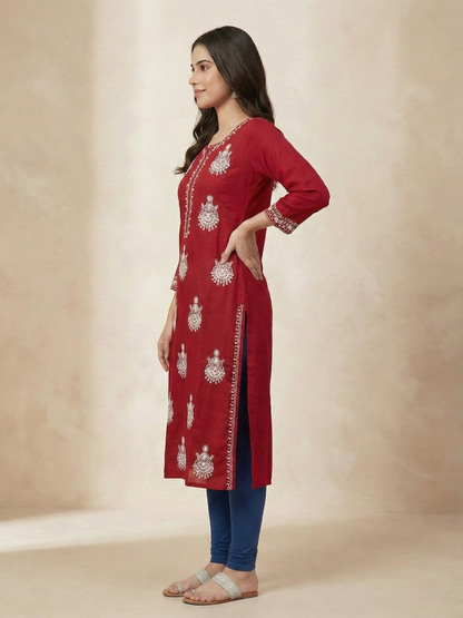 Solid Floral Chikankari Embroidered Straight Fit Kurta - Red