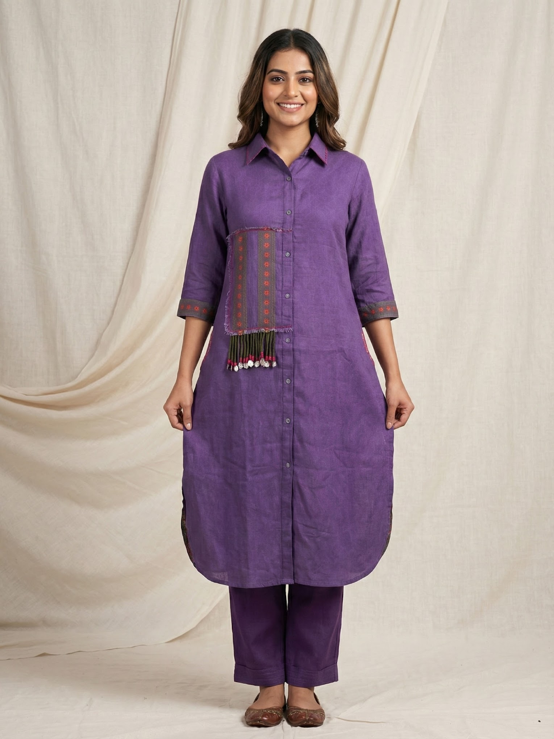 Solid Patchwork Floral Back Printed Kurta with Pant - Purple