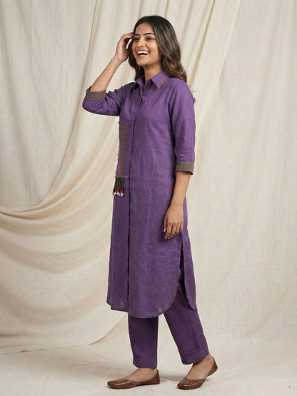 Solid Patchwork Floral Back Printed Kurta with Pant - Purple