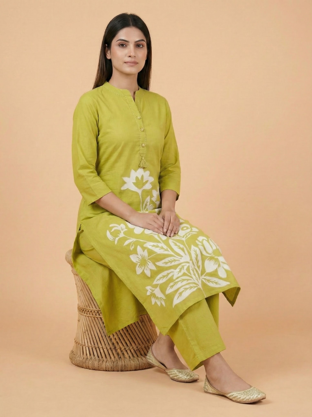 Solid Floral Printed Straight Fit Co-ord Set - Lime Green