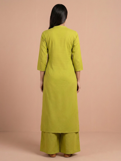 Solid Floral Printed Straight Fit Co-ord Set - Lime Green