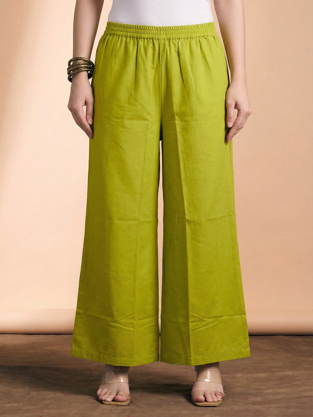 Solid Floral Printed Straight Fit Co-ord Set - Lime Green