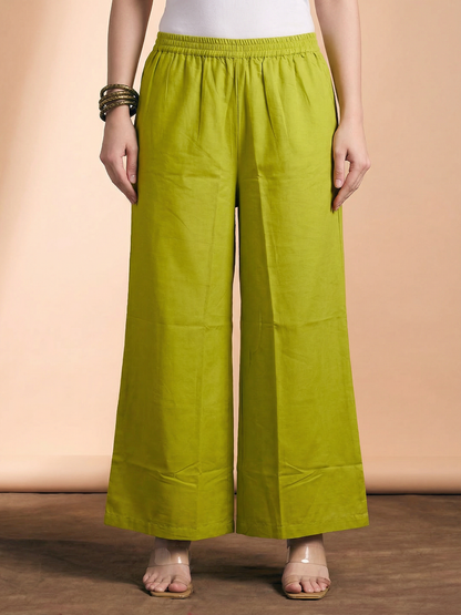 Solid Floral Printed Straight Fit Co-ord Set - Lime Green