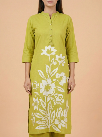 Solid Floral Printed Straight Fit Co-ord Set - Lime Green