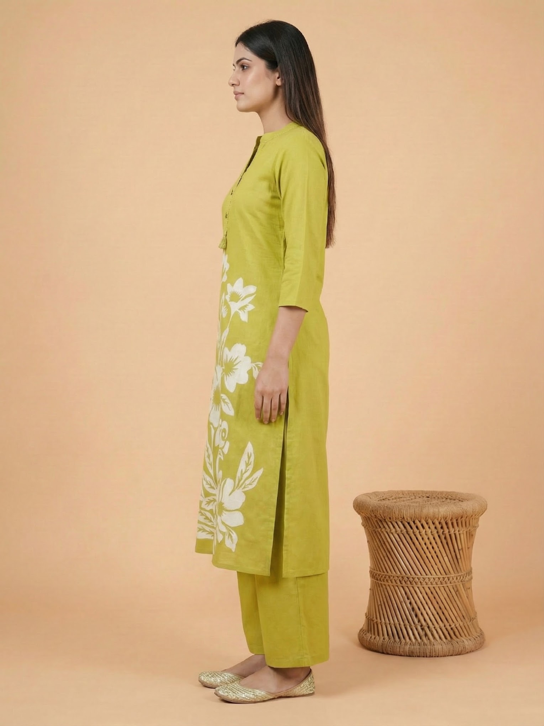 Solid Floral Printed Straight Fit Co-ord Set - Lime Green