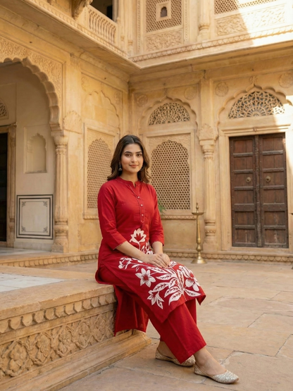 Solid Floral Printed Straight Fit Co-ord Set - Red