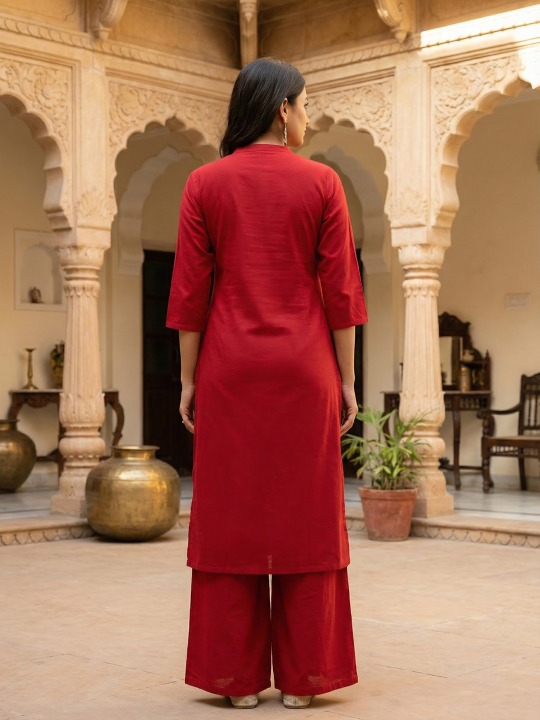 Solid Floral Printed Straight Fit Co-ord Set - Red