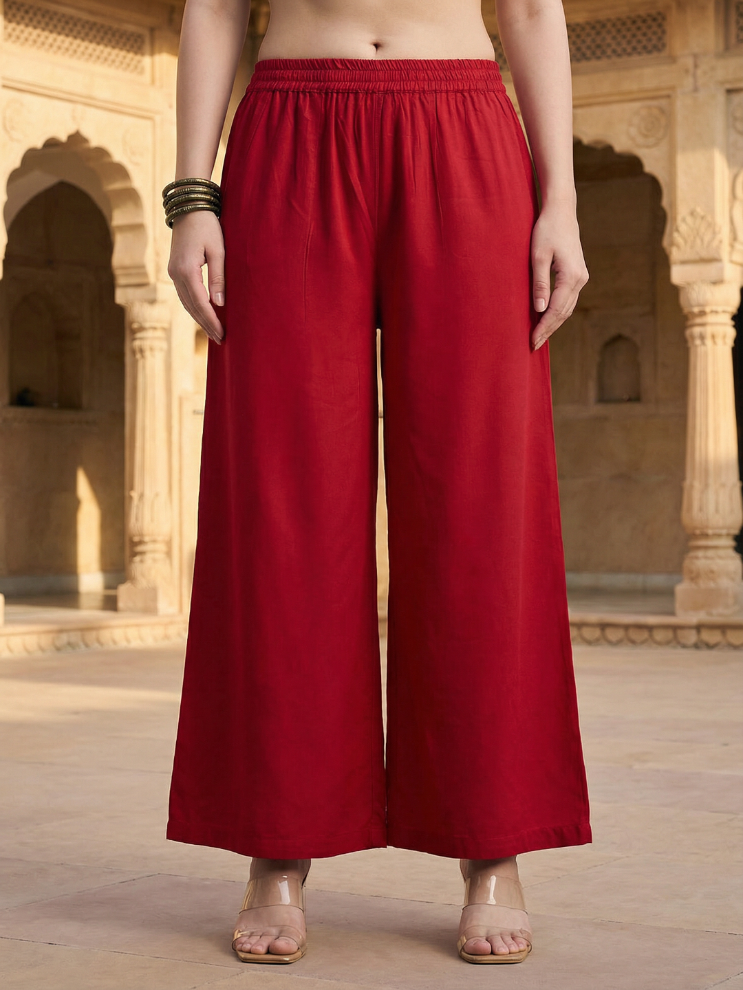 Solid Floral Printed Straight Fit Co-ord Set - Red